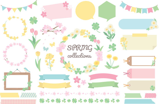 桜やクローバーなど春の花の飾りやフレームのベクターイラストセット