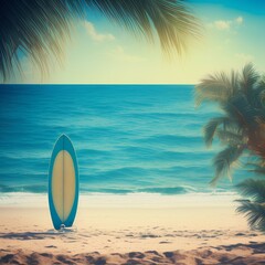 Surfboard and palm tree on beach with beach sign for surfing area. Travel adventure and water sport. relaxation and summer vacation concept. vintage color tone image. - generative ai