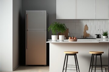  a kitchen with a refrigerator and two stools in it and a plant on the counter top next to it and a potted plant on the counter top of the island in front of the.  generative ai - obrazy, fototapety, plakaty