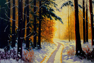 A painting of a path through a snowy forest. Generative AI.
