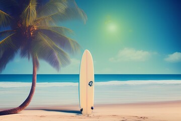 Surfboard and palm tree on beach with beach sign for surfing area. Travel adventure and water sport. relaxation and summer vacation concept. vintage color tone image. - generative ai