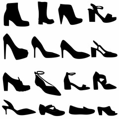 
set of silhouettes of women's shoes, white background
