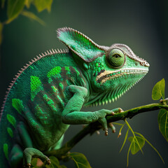 Obraz premium Close up of a green chameleon. Generative AI.