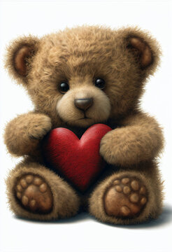 Cute teddy bear with a red heart in its paws. Valentine's Day. AI generated