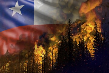 Forest fire fight concept, natural disaster - infernal fire in the woods on Chile flag background - 3D illustration of nature