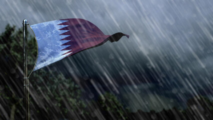 flag of Qatar with rain and dark clouds, twister forecast symbol - nature 3D rendering