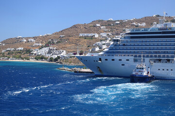 Cruise ship liner anchored in new port of Mykonos island, Cyclades, Greece