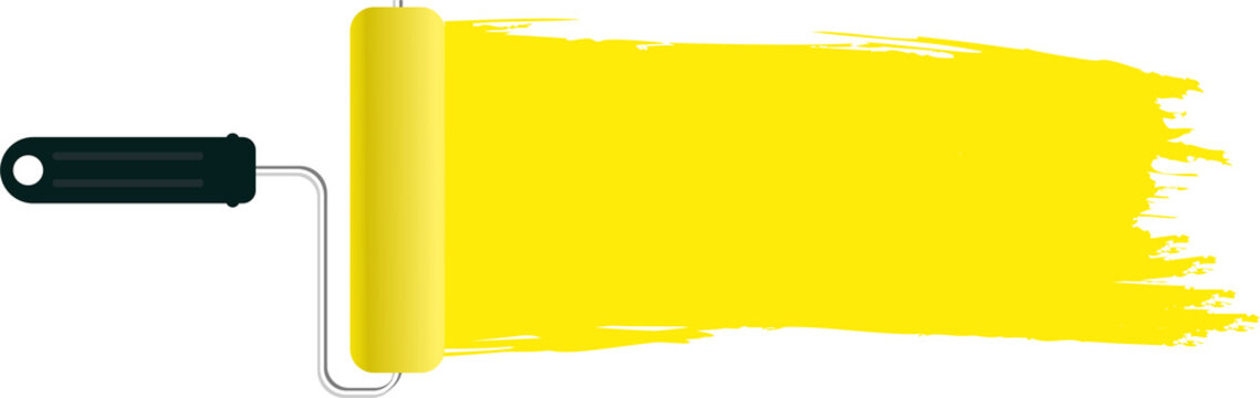 Painter painted a roller bright yellow strip on the wall, isolated on a white background