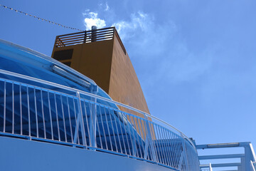 Passenger ferry funnel cruising near Aegean sea of Mykonos island