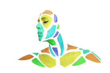 Portrait of  person with creative art colorful makeup posing in the studio. Shape of colored...