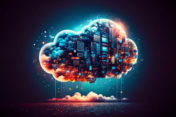 Modern cloud storage technology background illutation with cloud services and data server , artificial intelligence information processing generative ai