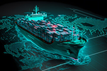 Smart Cargo maritime ship with container in internet land, Aerial top view. Concept web modern tech logistic shipping. Generation AI
