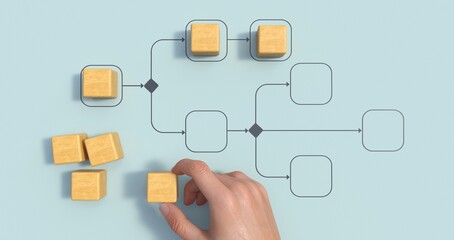 Business process management and automation concept with person moving wooden pieces on flowchart diagram. Workflow implementation to improve productivity and efficiency. Management and organization