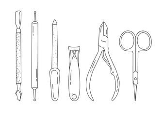 doodle set of manicure tools, black lines on a white background, advertising poster for a beauty salon
