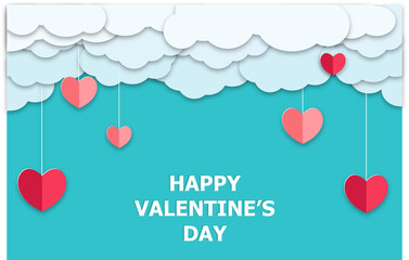Poster or banner with blue sky and paper cut clouds. Place for text. Happy Valentine's day sale header or voucher template with hanging hearts