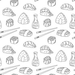 seamless pattern. illustration set of asian food. sketch with hands drawn traditional japanese food sushi. black and white elements on a white background