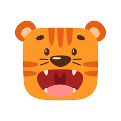 A cartoon tiger roars. Kawaii illustration of wild animal face. Simple clipart for children's design.