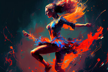 Dynamic passionate dance artistic painted illustration. Not an actual real person.  
Digitally generated AI image. - obrazy, fototapety, plakaty