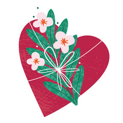 Big red heart decorated with flowers and a bow. Romantic love symbol isolated on a white background. Valentine's day. Hand drawn vector illustration for poster, postcard, banner, sticker, icon.