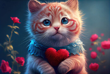Cute kitten cat holding valentines day heart. Generative AI