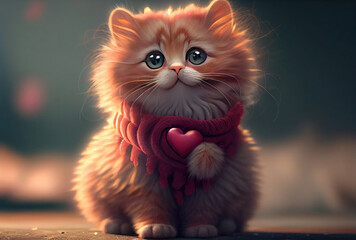 Cute kitten cat holding valentines day heart. Generative AI