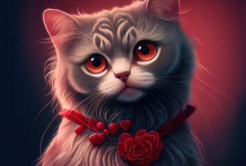 Cute kitten cat holding valentines day heart. Generative AI