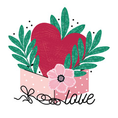 Big red heart with flowers in a gift box. Valentine's day. Romantic symbol of declaration of love isolated on a white background. Hand drawn vector illustration for postcard poster, banner, sticker.