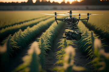 Agronomist drone observes and checks growth and health of drone, marijuana leaves. Concept robots agricultural industry.Generation AI