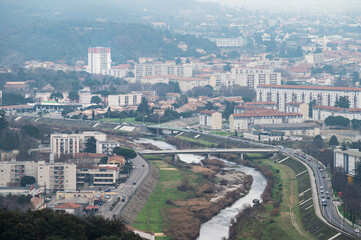 Obraz premium Ales, Occitanie, France, Aerial panorama over the city, with the river Gardon