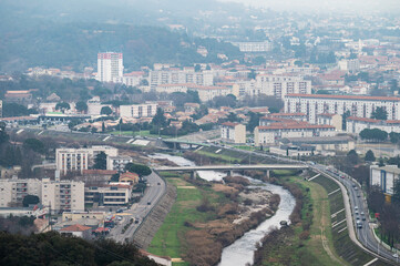 Fototapeta na wymiar Ales, Occitanie, France, Aerial panorama over the city, with the river Gardon