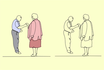Elderly couple in continuous line art drawing style. Senior man and woman walking together holding hands. Minimalist black linear sketch isolated on white background. Vector illustration