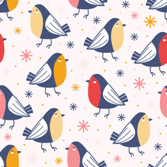 Seamless winter pattern. Little birds among snowflakes and snow on pink background. Titmouse and bullfinches. Hand drawn vector flat illustration for design wallpaper, packaging, wrapping paper.