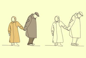 Elderly couple in continuous line art drawing style. Senior man and woman walking together holding hands. Minimalist black linear sketch isolated on white background. Vector illustration