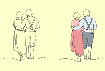 Elderly couple in continuous line art drawing style. Senior man and woman walking together holding hands. Minimalist black linear sketch isolated on white background. Vector illustration
