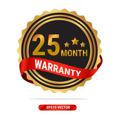 25 month warranty golden seal, stamp, badge, stamp, sign, label with red ribbon isolated on white background.