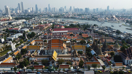 Aerial view of Wat Pho temple complex, also known as Temple of the Reclining Buddha in Bangkok,...