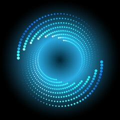 A blue circle of dotted halftones with neon glow on a black background. Abstract design element. The effect of a rotating, disappearing gradient. Vector illustration.