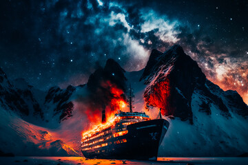 The fire burning at night on the bark of the Europa ship in Antarctica creates