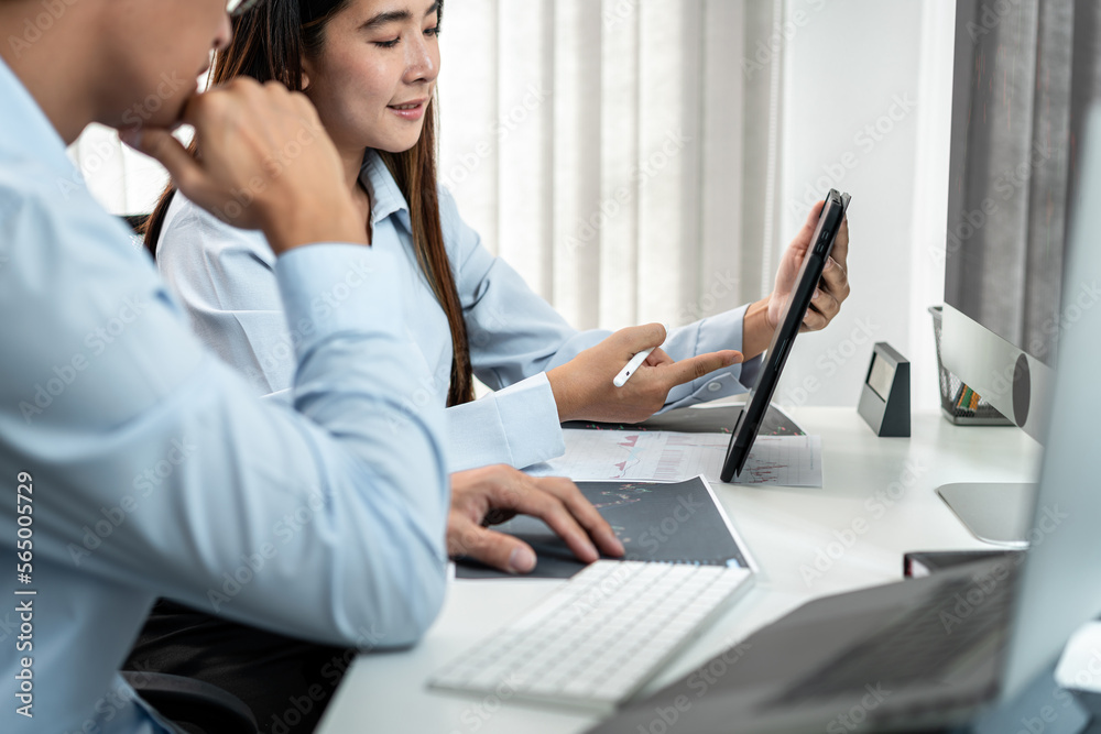 Poster investor business team working with computer, tablet and analyzing graph stock market trading planni
