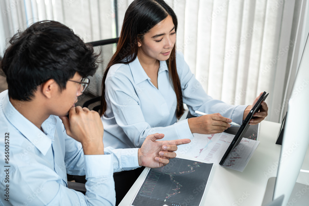 Poster investor business team working with computer, tablet and analyzing graph stock market trading planni