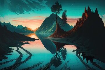 A beautiful landscape illustration, Lo-fi, Dramatic. High quality Illustration. Generative AI