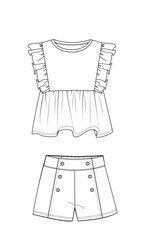 Girl ruffle blouse and short flat skecth, button detail short technical drawing