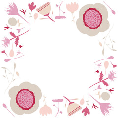 Floral illustrated border or frame in pink and beige - square format