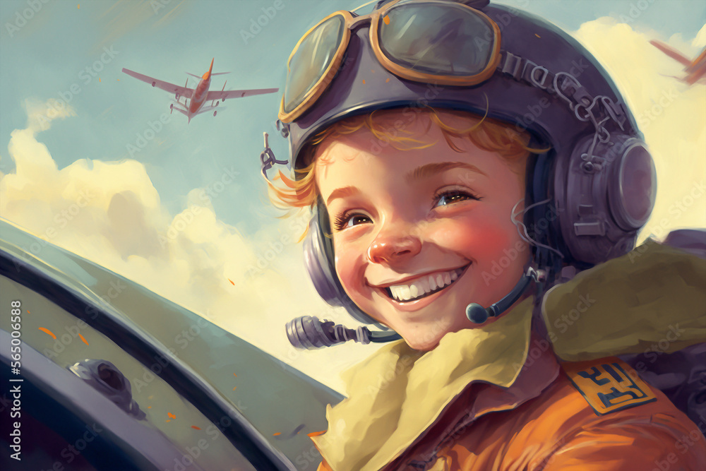 Wall mural Illustration for children's book depicting an cute baby airplane pilot - AI generative