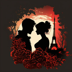 Silhouette of a loving couple in Paris, facing the Eiffel Tower