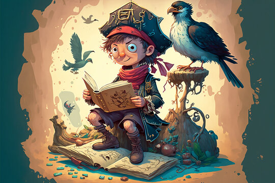 Illustration for children's book depicting an cute baby pirate - AI generative
