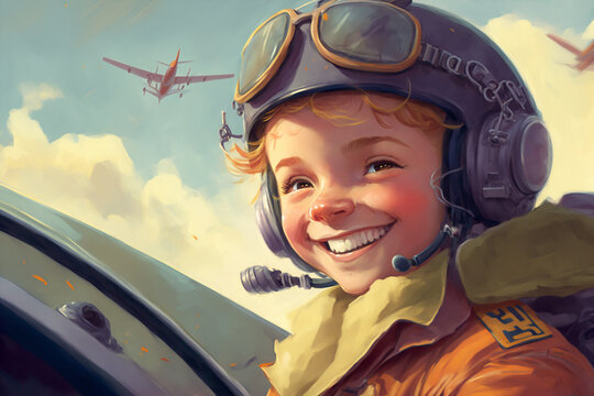 Illustration for children's book depicting an cute baby airplane pilot - AI generative