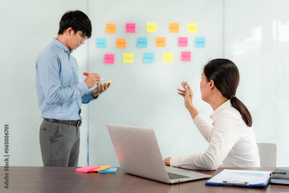 Poster two business executive team holding and taking notes keyword on board wall to brainstorm about a new