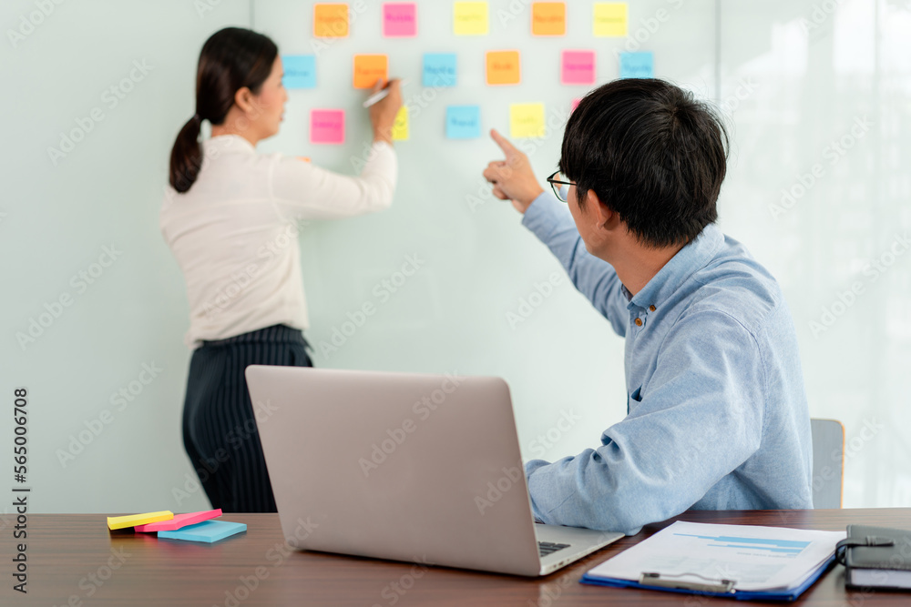 Poster two business executive team holding and taking notes keyword on board wall to brainstorm about a new