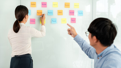 Two business executive team holding and taking notes keyword on board wall to brainstorm about a...